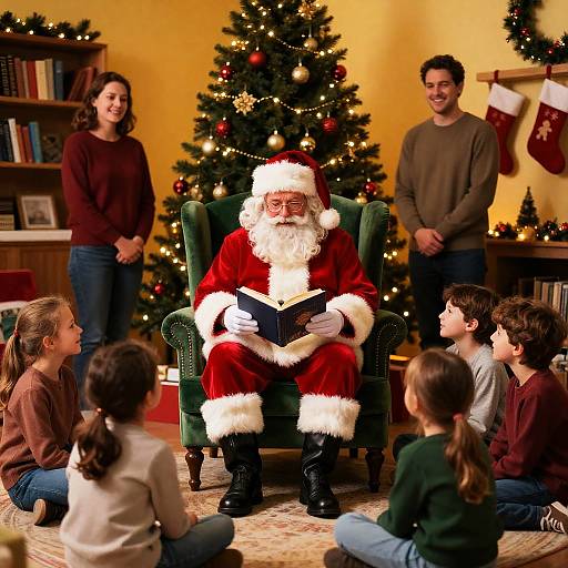 Santa Claus Reading to Children in Festive Setting