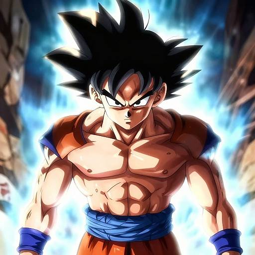 Digital anime-style drawing of a muscular, shirtless, black-haired Super Saiyan with glowing blue aura, wearing orange pants and blue sash. Int