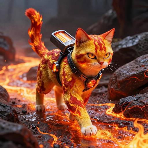 Digital artwork of a fire-orange tabby cat with glowing eyes, wearing a black harness with gadgets, striding through a fiery, rocky landscape.