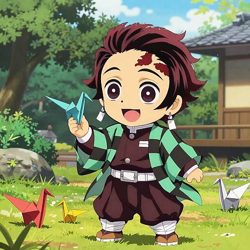 Chibi anime boy with brown hair, black and green checkered jacket, holding blue paper kite, smiling outdoors in sunny garden. Digital art.