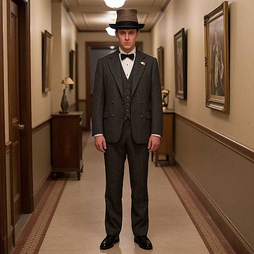 Photograph of a man in a vintage black pinstripe suit, black bow tie, white shirt, and black hat standing in a dimly lit