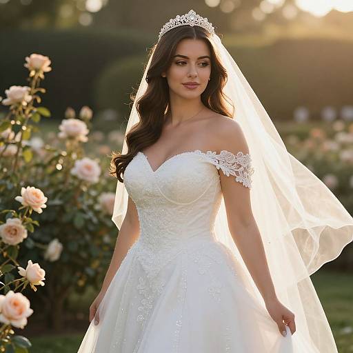 Photograph of a beautiful brunette bride with long wavy hair, wearing a white lace off-shoulder wedding dress and veil, standing in a sun