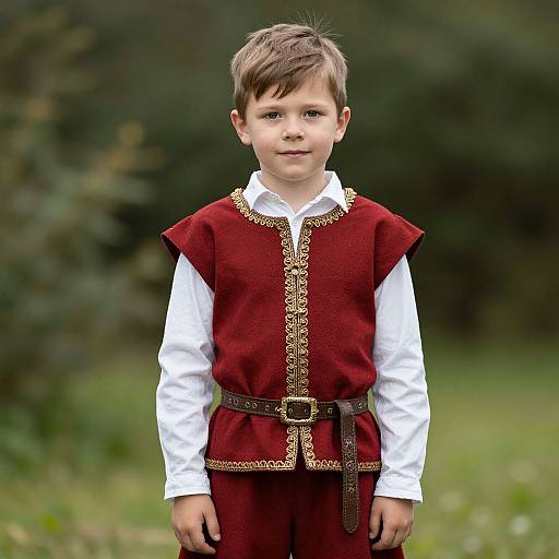 Photograph of a young boy with brown hair, wearing a red medieval-style tunic with gold trim and white shirt, standing in a green, blurred