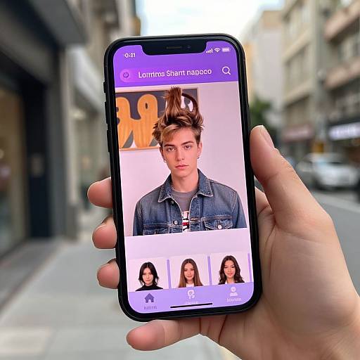 Photograph of a hand holding a smartphone displaying Lauren's Snapfish profile with her denim-shirt photo and three female profile pictures below. Urban street background blurred