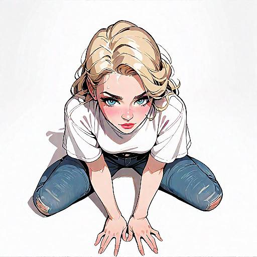 Kneeling Blonde Girl Lineart