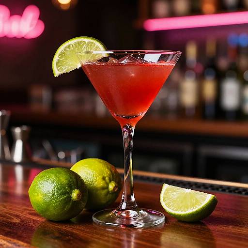 Photograph of a red cocktail in a martini glass with a lime wedge, three whole limes, and a lime slice on a wooden bar,