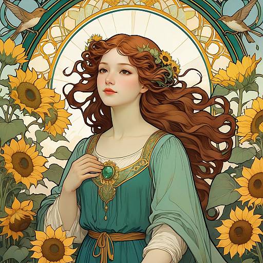 Art Nouveau Woman with Sunflowers and Sparrows