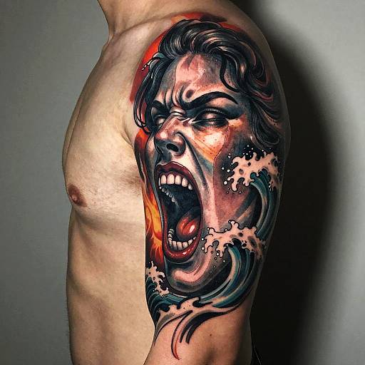 Photograph of a muscular, shirtless male with a vivid, detailed black and red tattoo of a fierce, roaring face on his upper arm.