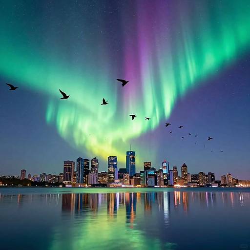 Photograph of a city skyline at night with vibrant green, purple, and blue auroras above, reflected in a calm water body, and silhou