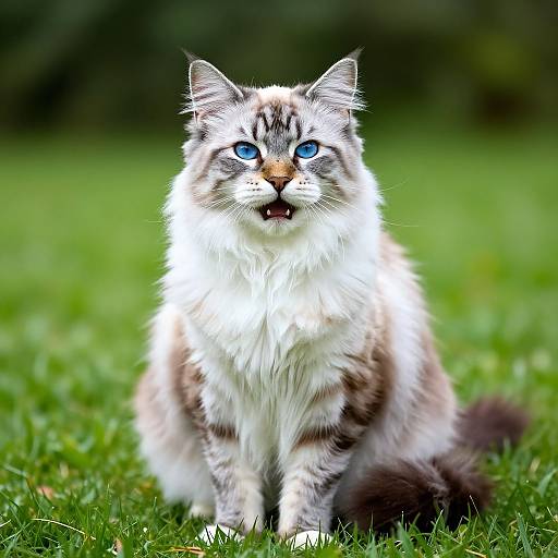 Photograph of a fluffy, long-haired, white and gray tabby cat with bright blue eyes, sitting on green grass, looking directly at the camera