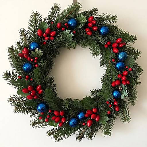 Photograph of a festive Christmas wreath with lush green pine branches, interspersed with shiny blue and red berries, creating a vibrant, circular holiday