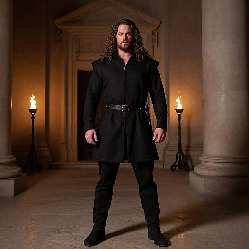 Photograph of a muscular man with long curly brown hair, black trench coat, and belt, standing in dimly lit, stone-walled room with
