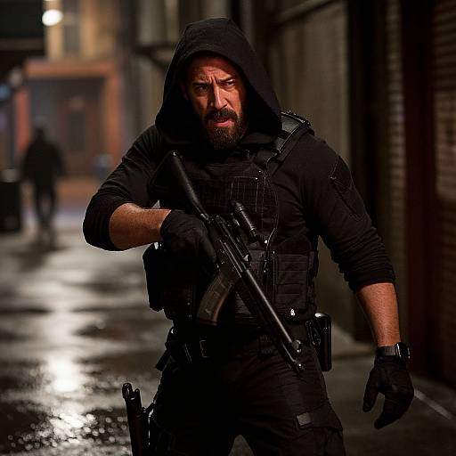 Photograph of a bearded, muscular man in black tactical gear, hood up, holding a rifle, walking in a dimly lit, wet alley