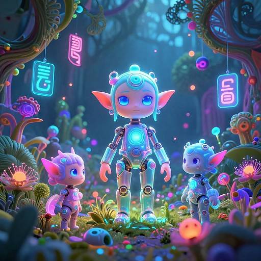 Digital art: Glowing, neon-blue, elf-like robot children with large ears and lights, standing in a vibrant, bioluminescent forest with
