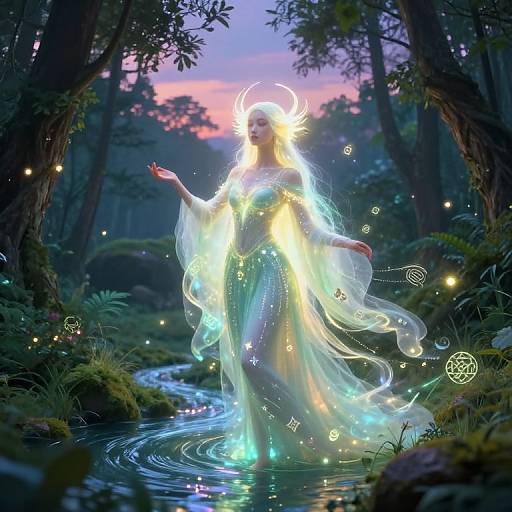 Digital fantasy artwork of a glowing, ethereal figure with flowing, luminescent dress, standing in a moonlit forest pond, surrounded by sparkling lights