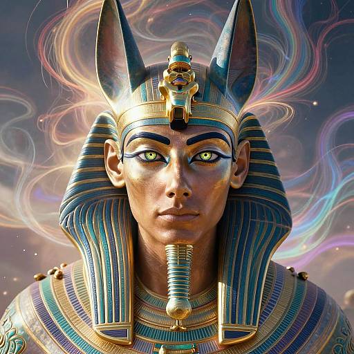 Digital art of a fierce, Anubis-like figure with glowing green eyes, wearing a striped Egyptian headdress and ornate jewelry, surrounded by vibrant