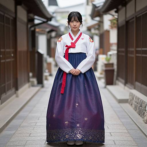 Photograph of a Korean woman in traditional hanbok standing in a narrow, tiled alleyway. She wears a white top with red ribbon, blue