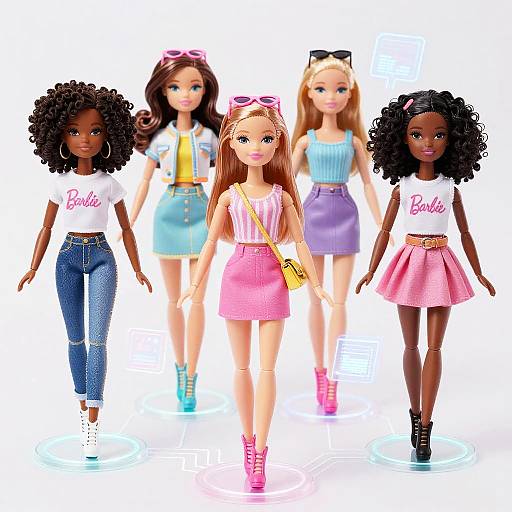 Photograph of six Barbie dolls, diverse ethnicities, wearing casual outfits with denim, skirts, and sneakers, standing in a line.