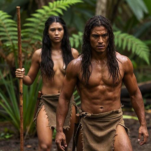 Muscular Warriors in Lush Jungle