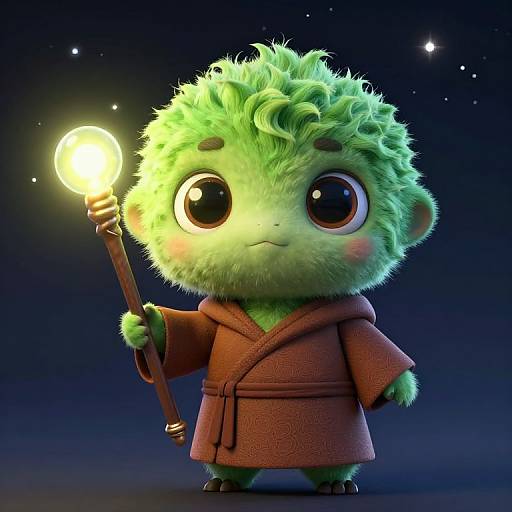 Cute Green Furry Creature with Staff