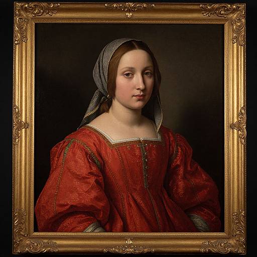 Renaissance-style portrait of a young girl with fair skin, brown eyes, and brown hair, wearing a red dress and gray headscarf,