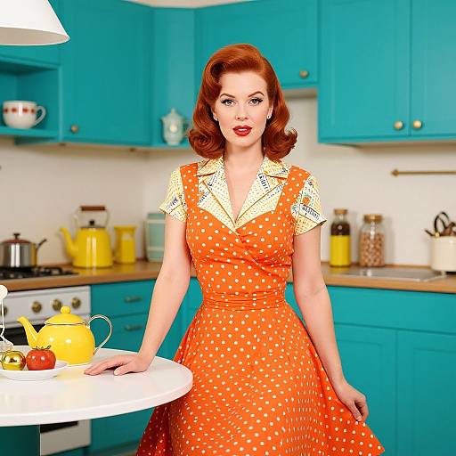 Vintage-style photograph of a red-haired woman in a polka-dot orange dress with white collar, standing in a turquoise kitchen.