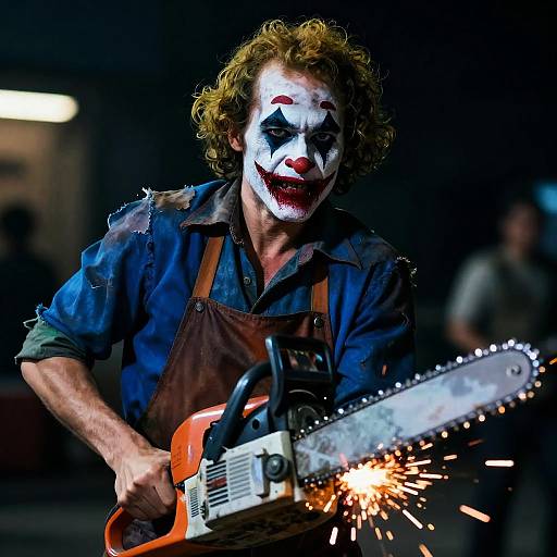 Menacing Clown with Chainsaw in Darkness