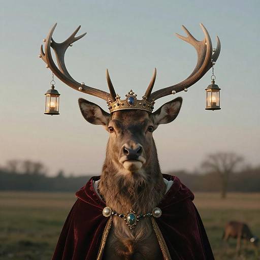 Surreal Stag in Royal Attire with Lanterns on Antlers