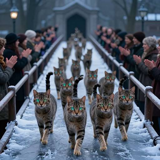 Photograph of nine tabby cats with striking green eyes walking in a snowy, narrow bridge lined with cheering, applauding spectators.
