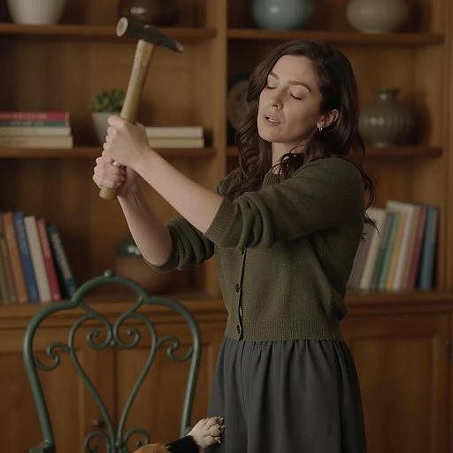 Woman Swinging Hammer Indoors with Dog Paw on Chair
