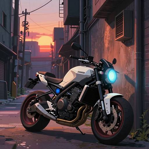 Digital artwork of a white Honda motorcycle with glowing blue headlight, parked on a narrow, urban alleyway at sunset.
