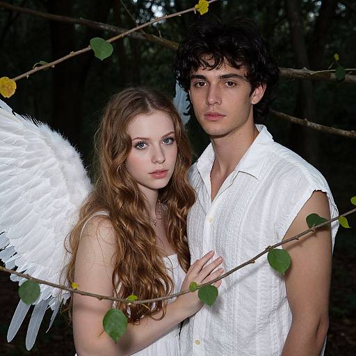 Photograph of a young couple in a forest; woman with white wings, long brown hair, white dress, man with curly black hair, white shirt