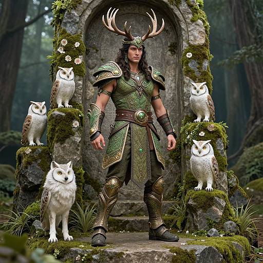 Photorealistic digital artwork of a muscular, armored man with antlers, surrounded by four white owls, standing in a mossy forest archway