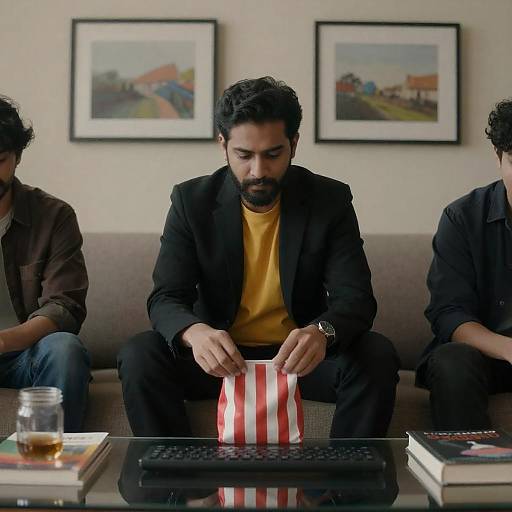 Man on Couch Holding Striped Bag