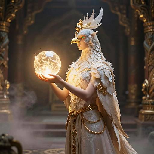 Elegant Bird-Human Hybrid in Mystical Temple