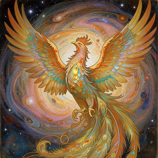 Digital art of a radiant, golden phoenix with vibrant orange and blue feathers, wings outstretched, against a swirling, colorful galaxy background.