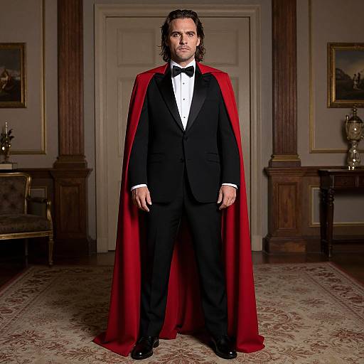 Photograph of a man with long dark hair in a black tuxedo and red cape standing in an ornate, wooden-paneled room.