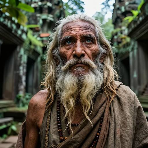 Photograph of an elderly, weathered Indian man with long white beard, blue eyes, and brown tunic, standing in front of ancient, moss