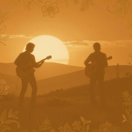Silhouetted guitarists playing against a golden sunset with floral border; warm orange hues dominate the serene, hillside landscape. Photographic illustration.