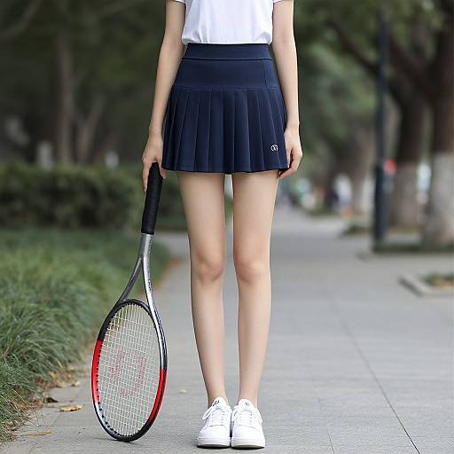 Photograph of a woman from behind, wearing a white shirt, black pleated skirt, white sneakers, holding a tennis racket on a sidewalk. Bl