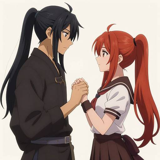 Anime-style digital drawing of a tall, black-haired man in a black shirt holding hands with a red-haired girl in a school uniform, both looking at