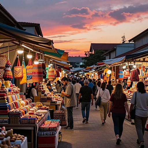 Photograph of a vibrant evening market with colorful woven bags, baskets, and illuminated stalls under a pink-orange sunset sky. Shoppers walk along the bustling