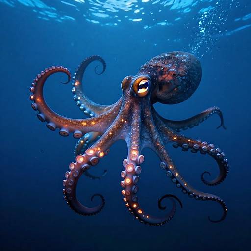 Photograph of a vibrant, glowing blue and orange octopus with illuminated suckers, swimming in a deep, blue underwater ocean.