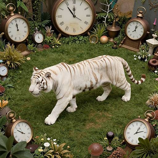 Photorealistic image of a white tiger walking on green grass surrounded by large, vintage clocks, plants, and ornaments.