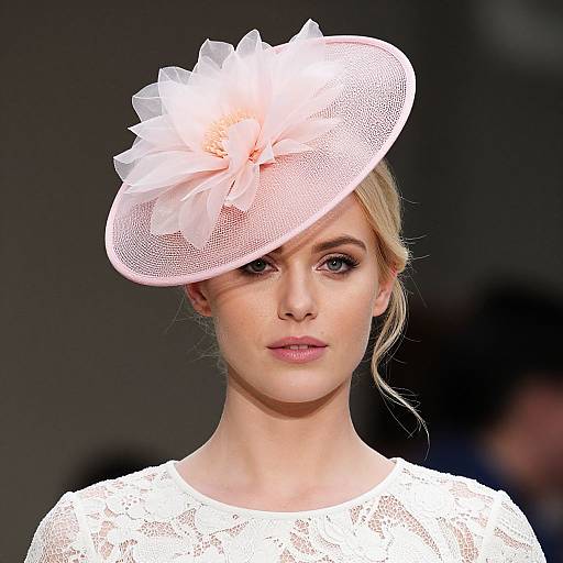 Photograph of a blonde woman with fair skin, wearing a white lace top and a pink, flower-adorned, mesh fascinator hat.