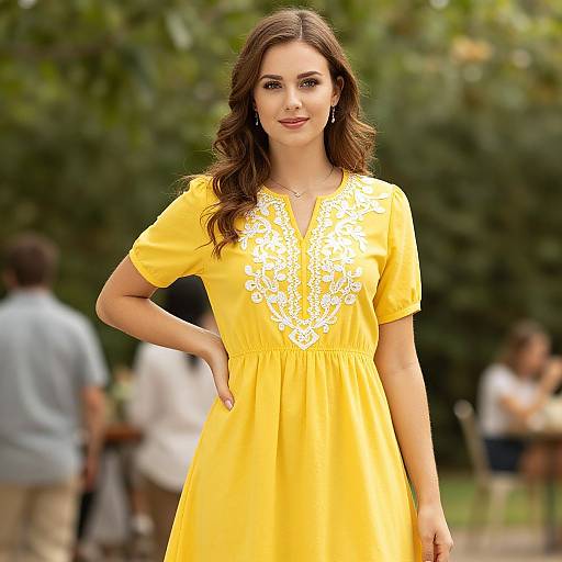 Photograph of a smiling woman with long brown hair, wearing a bright yellow dress with white lace embroidery, standing outdoors in a blurred green park background.