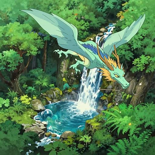 Digital art of a turquoise dragon with orange mane and wings, diving into a vibrant, cascading forest waterfall, surrounded by lush greenery.