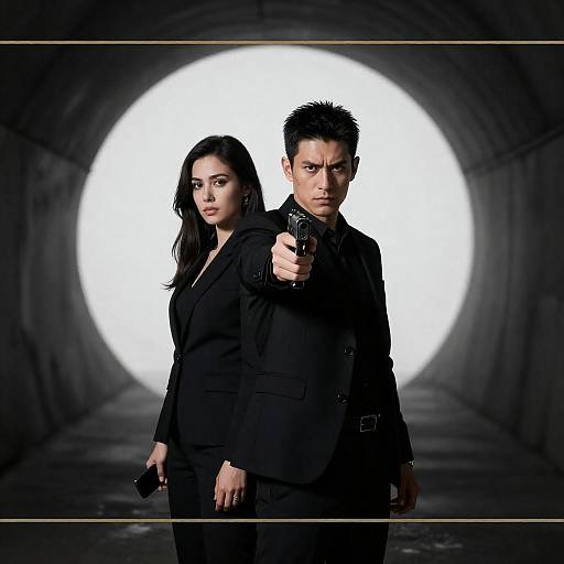 Dramatic Duo in Black Suits in Tunnel