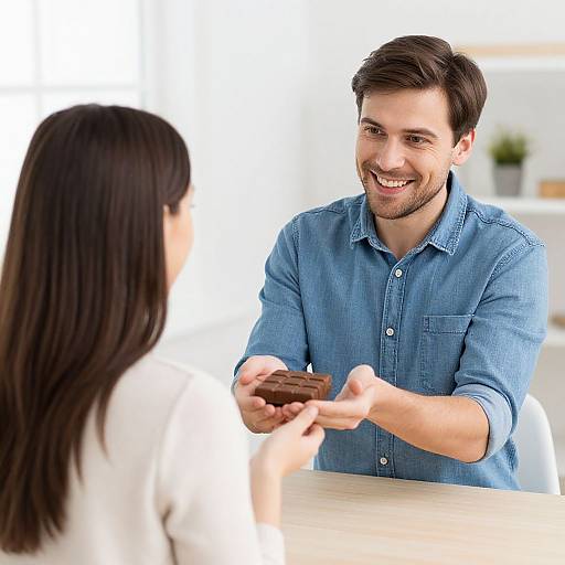 Photograph of smiling, brown-haired man in blue shirt offering chocolate to woman with long black hair, white top, in bright, minimalist room.