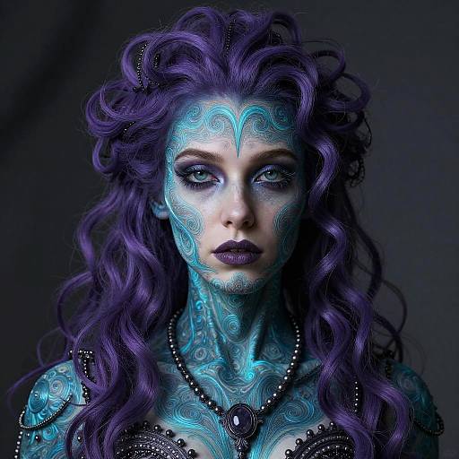 Photograph of a woman with striking, wavy purple hair, blue face paint with intricate patterns, dark lipstick, and black jewelry, against a dark